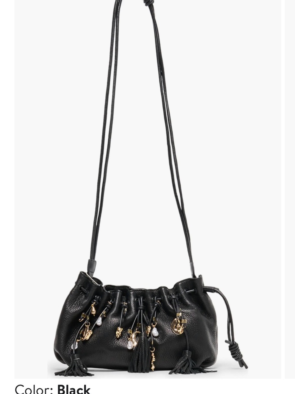 Dolce Vita Black Leather Drawstring Crossbody with Tassels & Charms